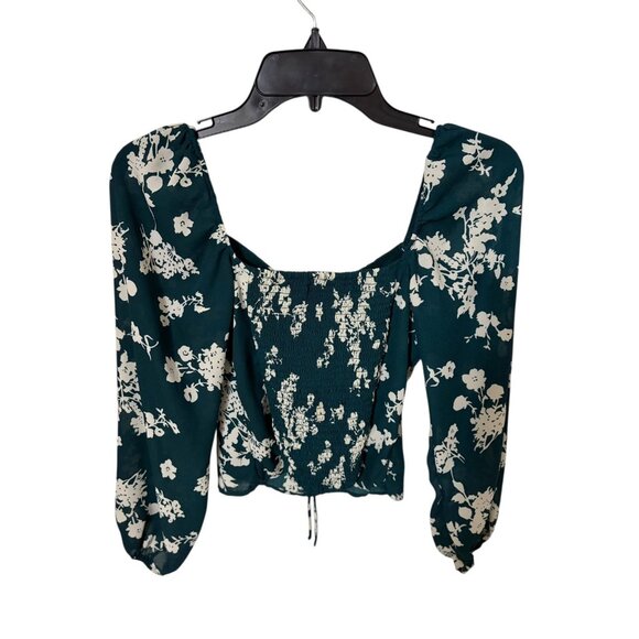 Abercrombie & Fitch Floral Long Sleeve Ruched Crop Top Teal Green Women’s Small - Picture 3 of 6